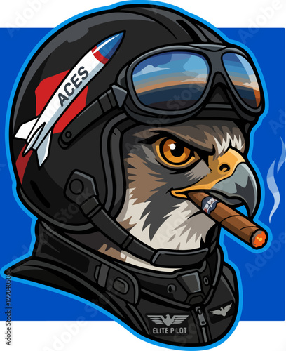 Tough hawk fighter pilot mascot with cigar and flight helmet.