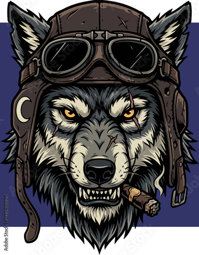 Tough wolf pilot with leather cap and cigar illustration.