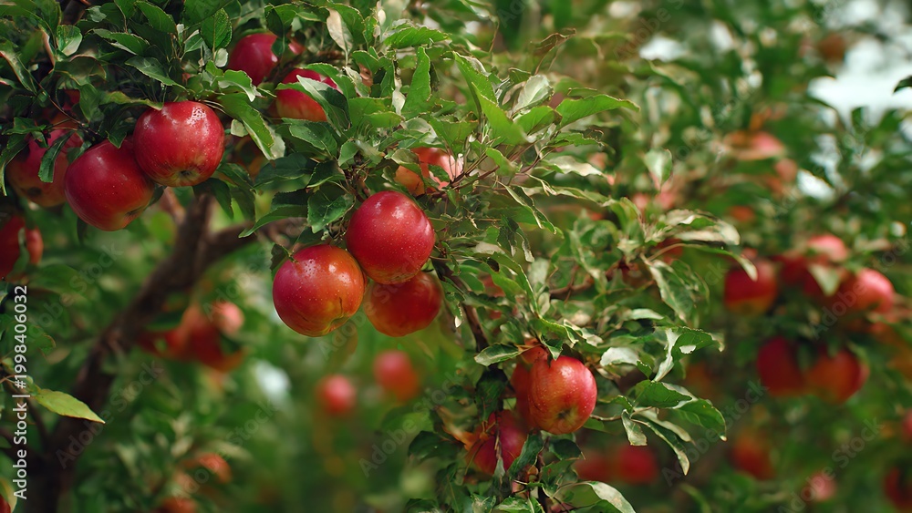 Obraz premium Vibrant red apples on branch in sunny garden orchard representing bounty of fresh seasonal harvest time.