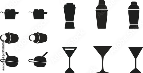 Kitchenware and bar icons set, cooking pots, cocktail shaker, glasses, minimal silhouette collection for food and drink – vector illustration