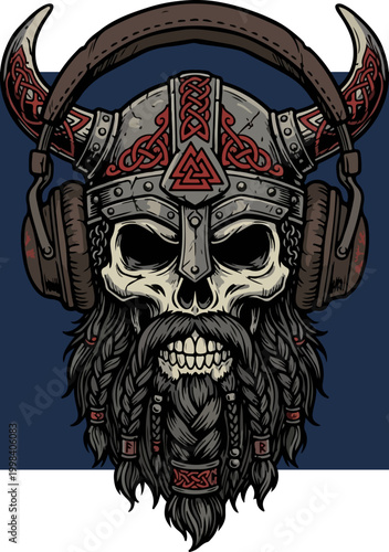 Viking Skull with Braided Beard and Horned Helmet Listening to Music.
