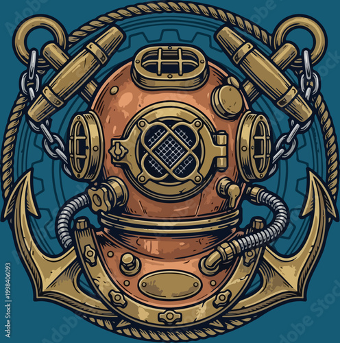 Vintage antique deep sea diving helmet with anchors and rope illustration.