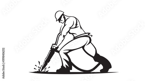 Soldier tactical combat illustration with rifle aiming, dynamic crouch pose and splash ground effect in monochrome style