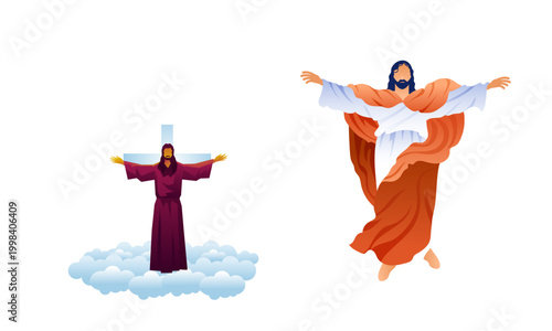 Jesus Christ ascension vector set, religious savior with open arms on clouds, holy christian messiah illustration for easter and church design