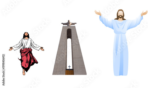 Religious Jesus Christ vector set, sacred Christian savior illustrations with open arms, spiritual monument and divine messiah figures for church design