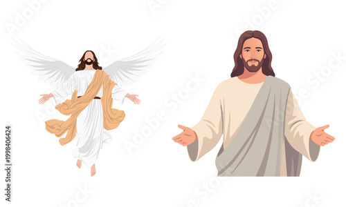 Jesus Christ vector illustration set, religious savior with open arms and angel wings, divine spiritual messiah character for Christian church media