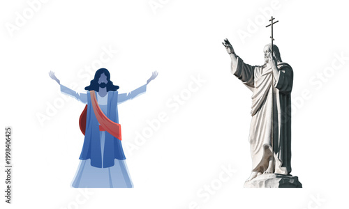 Religious Jesus Christ vector set, holy savior figure with open arms, Christian statue with cross, spiritual biblical character illustrations