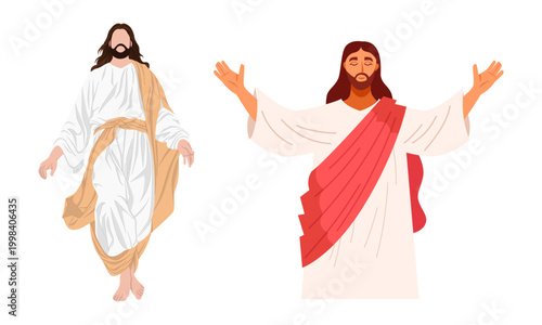 Jesus Christ vector illustration set, religious savior figures in white robes and red sash, biblical character design for Christian church projects