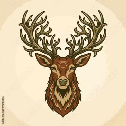 Vintage style illustration of a majestic deer head with large antlers.