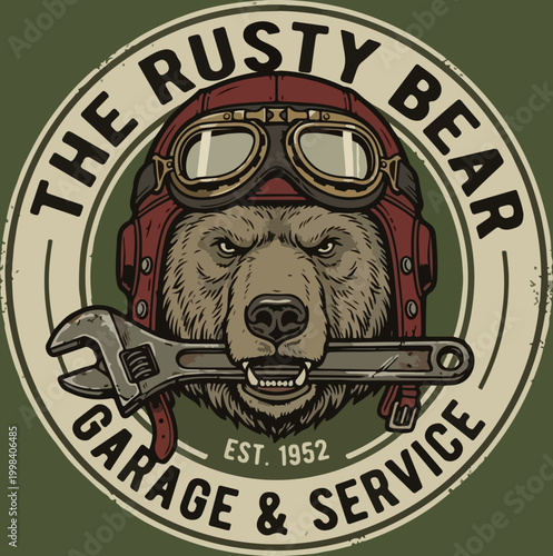 Vintage style logo featuring a grizzly bear mechanic wearing an aviator helmet and holding a wrench.