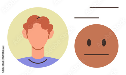 Emotion recognition, psychological analysis, behavioral study, mood interpretation, social communication, expressions. Abstract illustrated human face beside a neutral emotion. Emotion recognition