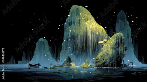 A serene nighttime scene with a boat docked on a calm lake, surrounded by towering rock formations illuminated by fireflies, creating a magical and tranquil atmosphere.