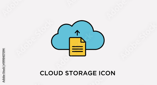 Cloud storage icon with upload arrow and document symbol, representing data backup and digital information transfer in the cloud.