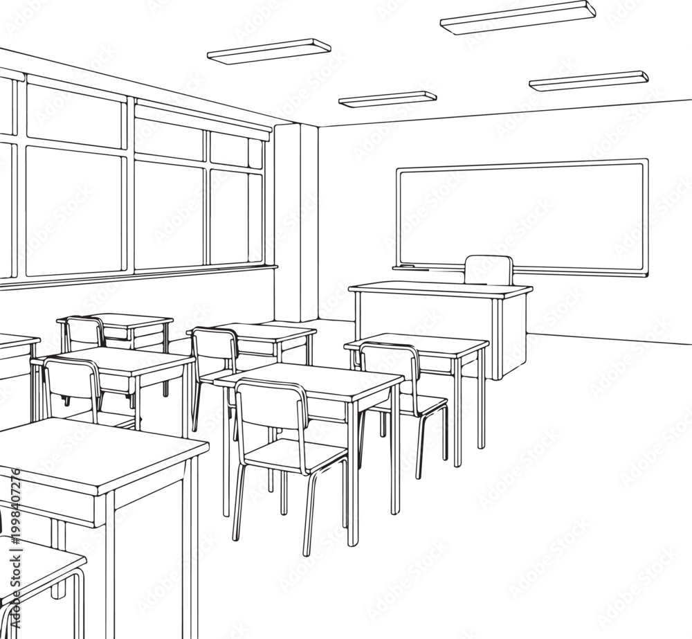 Fototapeta premium Empty Classroom Interior Line Art Illustration for Coloring