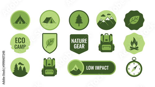 Eco-Friendly Exploration Badges: A vibrant collection of circular, shield, and rectangular badges that encapsulate the spirit of outdoor exploration and sustainable living.