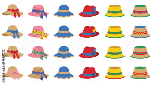 Summer straw hat set with ribbons and flowers for beach vacation accessory collection.