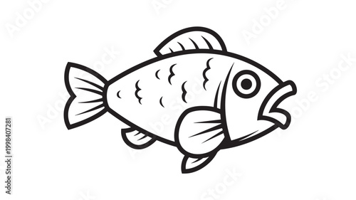Fish illustration with line art scales, gills, and smiling facial features for premium seafood branding and menus featuring vector, icon, mascot with