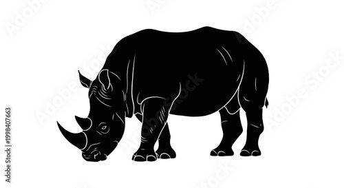 Silhouette of a Grazing Rhinoceros on White Background
