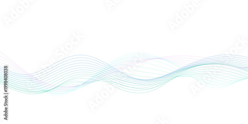 Modern glowing abstract wave lines in blue and green gradient flowing on white background with dynamic smooth curves, futuristic sound wave technology design, elegant digital art transparent backgroun