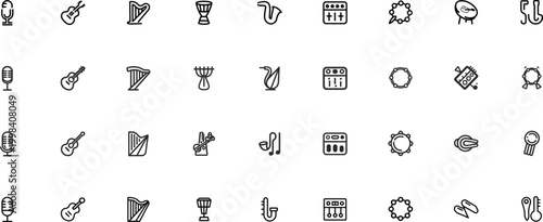 Music instrument icons set, microphone guitar harp drum saxophone symbols collection, minimal line art audio elements, sound design – vector illustration