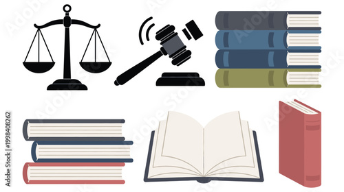 Law and justice symbols collection with scales, gavel, and stack of jurisprudence books.