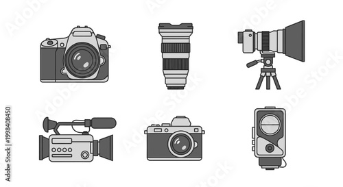Photography and video camera equipment icons set in flat design style