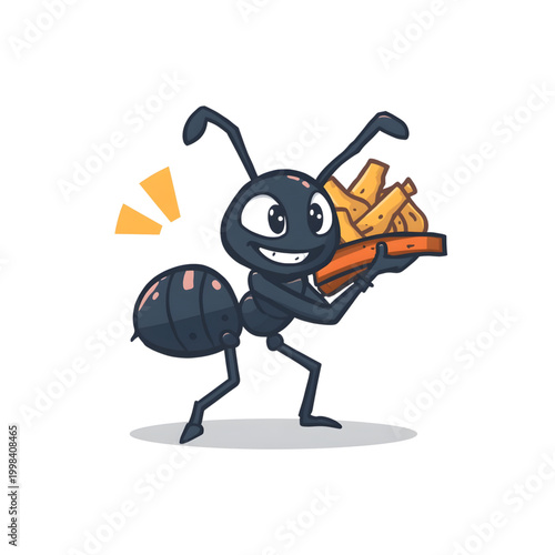 Hard Working Ant Mascot Carrying Food Cartoon Vector Illustration