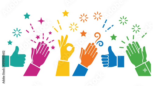 Collection of vibrant clapping hands, thumbs up, and celebratory gestures with stars.