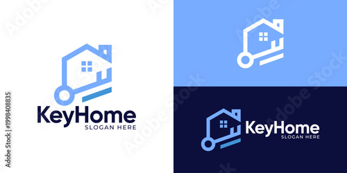 Creative modern key house logo template. Home key logo, home rent symbol, real estate logo design vector illustration.