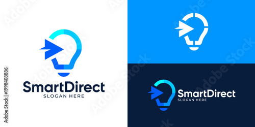 Creative modern smart direct logo template. Light bulb with arrow symbol logo design vector illustration.