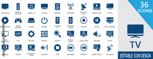 Vector icons featuring smart TV, television, movie, streaming , remote control, internet,  and digital broadcasting for web and mobile applications.