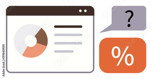 Data interpretation, analytics, infographics, decision-making, research, statistics. Pie chart and percentage icon with a question mark. Data analysis and analytics visually