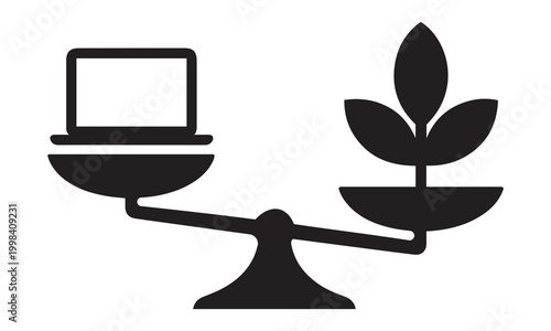 Balance scale comparing laptop and plant silhouette with weighing comparison technology illustration business decision strategy environment
