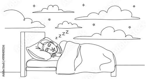 A line art illustration of a person sleeping peacefully in bed.