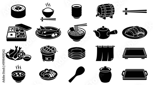 Diverse Japanese Cuisine and Dining Elements Silhouette Vector Icons Collection for Cultural Design Projects