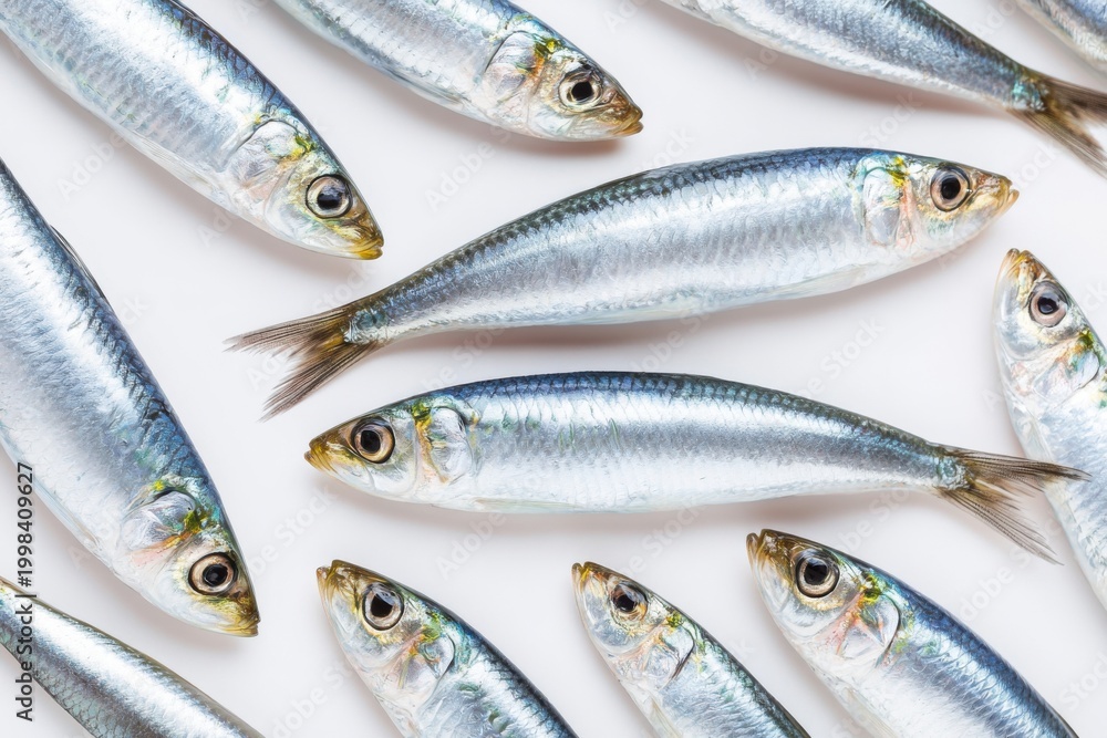 Fototapeta premium Multiple raw sardines arranged on a clean white surface, showcasing their shiny scales and elongated bodies, ideal for culinary presentations or seafood-related content