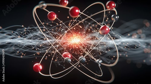 3D visualization of an atom with red electrons orbiting a glowing nucleus surrounded by energy waves on a dark background