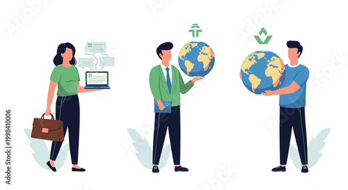 Flat illustration of three business professionals interacting with a laptop and globes in a minimalist setting with a professional and eco-friendly mood.