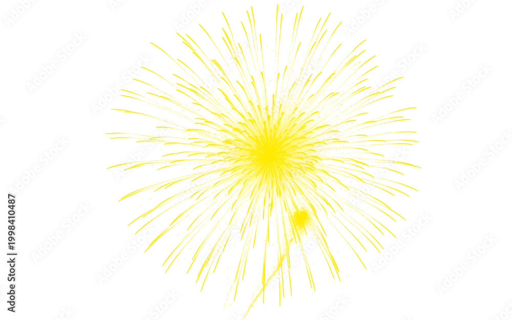 Fototapeta premium Yellow firework explosion isolated on white background, bright golden pyrotechnic burst, festive celebratory firework sparkler for holiday design