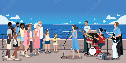 A group of passersby listen to street musicians performing on the embankment. Musical art. Hand-drawn vector illustration.