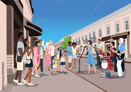 A group of passersby listen to street musicians performing on a city street. Musical art. Hand-drawn vector illustration.