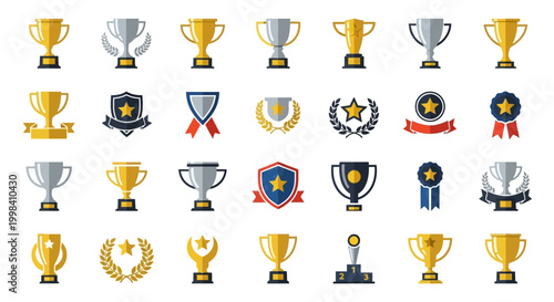 Collection of various gold and silver trophies and awards for achievement and success.