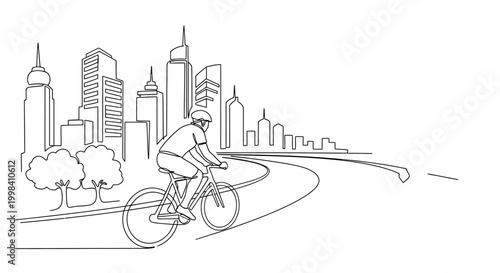 Continuous line drawing of a man riding a bicycle.