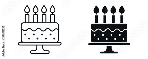 Birthday cake icon set, celebration dessert with candles concept in line and flat style. vector illustration.