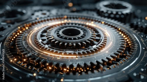 Close-up of mechanical gears with glowing digital circuit elements forming a futuristic technology concept.
