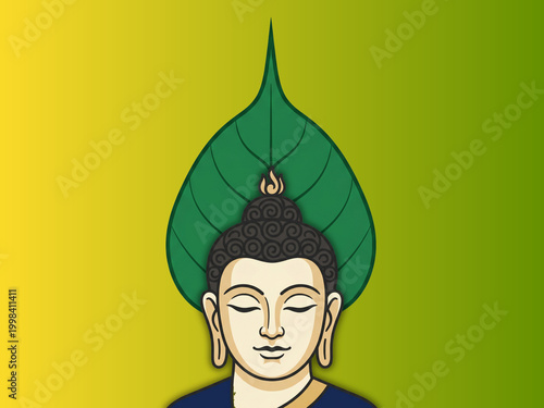 Serene Lord Buddha Face with Sacred Bodhi Leaf Background for Meditation and Spiritual Peace Vector Illustration
