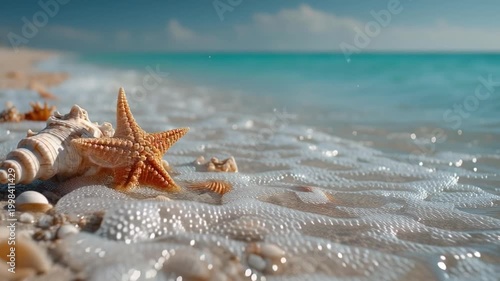 Starfish and seashells on a sandy beach with ocean waves gently rolling in under a clear sky.
