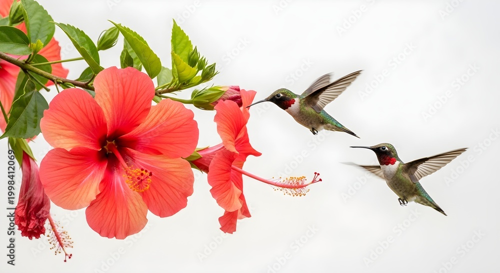 Fototapeta premium Two Hummingbirds Hovering and Drinking Nectar From a Bright Red Hibiscus Flower