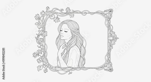 Elegant line art portrait of a woman with flowing hair in a decorative frame