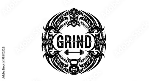 Grind Fitness Logo with Tribal Design and Workout Equipment.